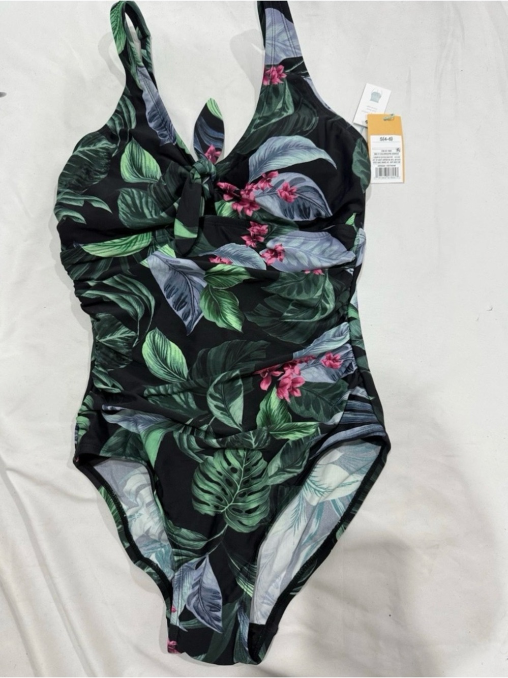 Kona Sol Black Tropical Leaf One-Piece Swimsuit with Pink Floral Accents